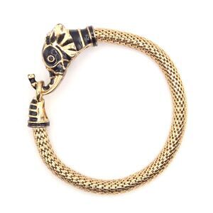 Avon 1990s Gold Tone Black Enamel Elephant Head Stretch Mesh Bracelet 7"